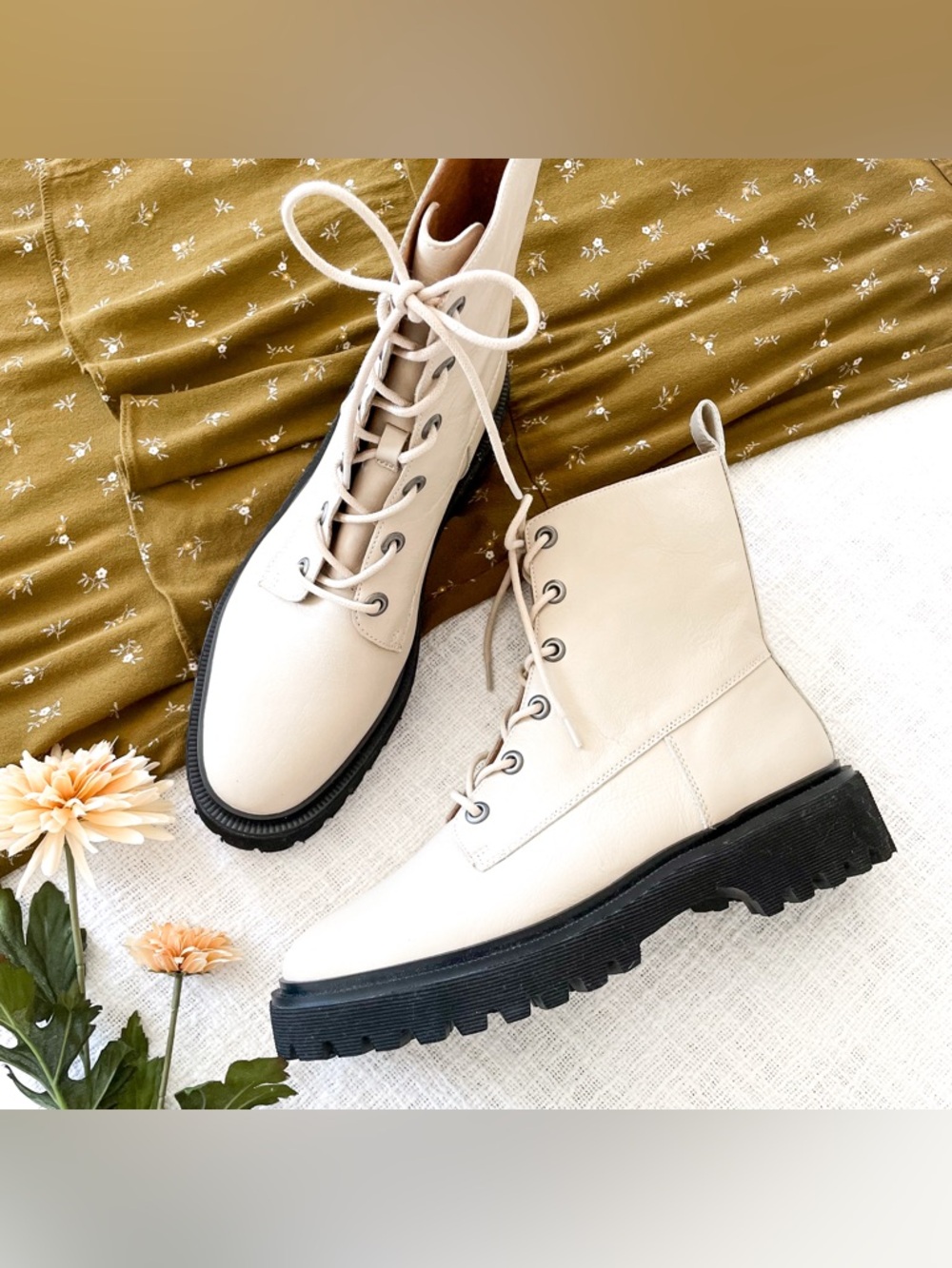 Madewell ivory leather combat boots.